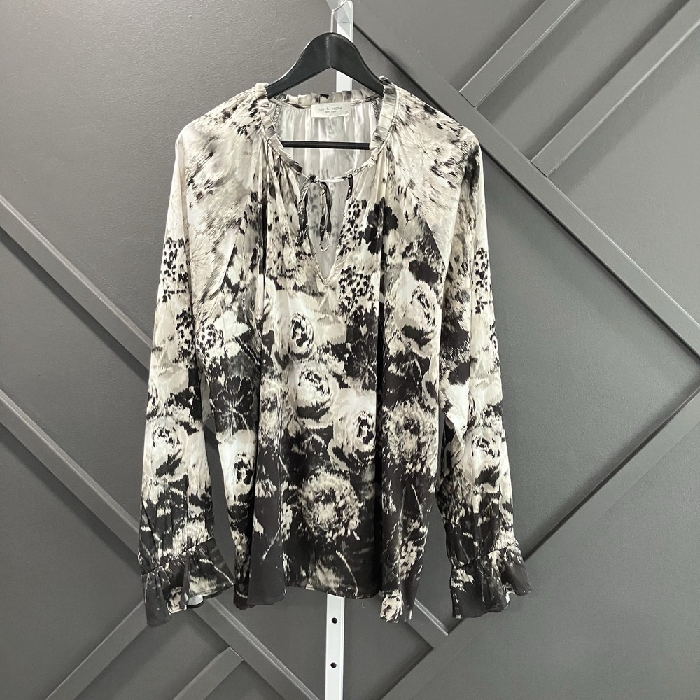 Lola & Sophie Blouse XL Black Ivory Floral Print Tie Neck Ruffle Sleeve Top
